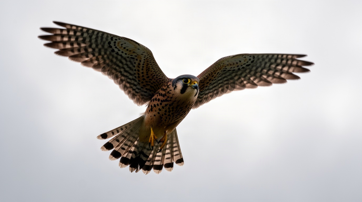 a kestrel mid-downstroke, backlit against overcast sky, high contrast